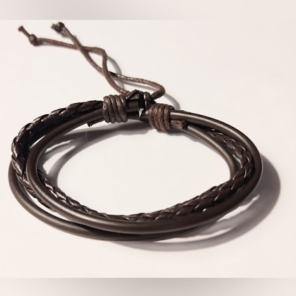 Men's bracelet leather‎ braided layered brown new d48